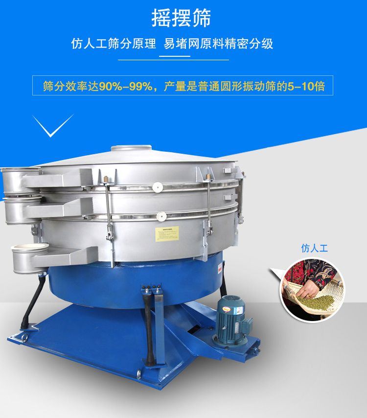 搖擺篩適合精細(xì)和超細(xì)范圍的粉末和微粒狀物料，產(chǎn)量大、精度高